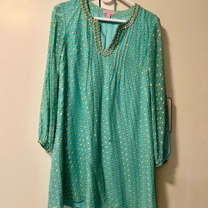 Lilly Pulitzer Teal and Gold Embellished long sleeve dress